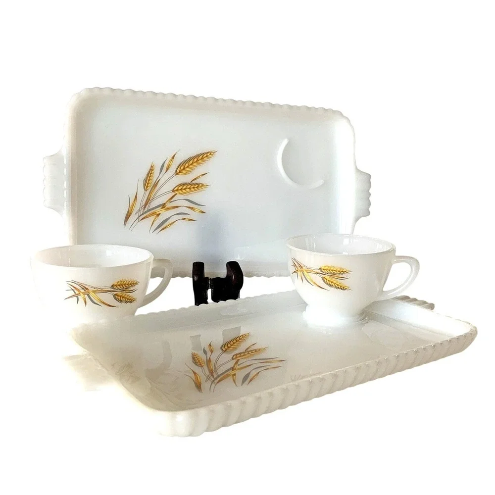 Fire-King Golden Wheat Milk‎ Glass Snack Set Trays and Cups Vintage 4 Piece